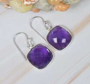 Améthyste violet naturel à facettes coussin coupe pierre précieuse lunette réglage personnalisé S925 argent Sterling crochet boucles d'oreilles pierre de naissance bijoux - Product Image 3
