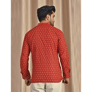 Kurta court en coton popeline rouge imprimé pour homme, chemise décontractée à manches longues, respirante et confortable - Product Image 6
