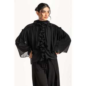 Haut décontracté pour femme WM-CS-SS24-067 à volants, logo brodé, en tissu popeline tricoté, rayé uni, tailles XS-XL, pour printemps, été, automne - Product Image 3