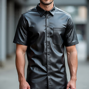 Camisas de cuero genuino con bolsillo frontal de manga corta a prueba de viento para Hombre | Camisas informales de cuero de oveja con botones y cuello vuelto para hombre - Product Image 4
