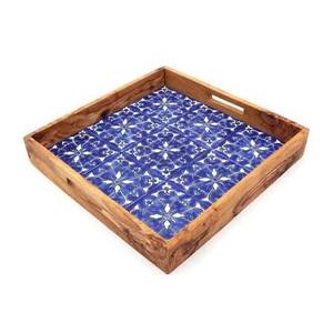 Bandeja de Madera de Olivo Ecológica de 20 Piezas con Incrustaciones de Cerámica, Diseño Rectangular con Asa Recortada, Patrón Floral Azul y Blanco - Product Image 2