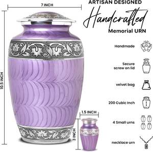 Set of 6 Purple Cremation Funeral Urns for Ashes for Women & Men Includes 1 Large Purple Urn with 4 <b>Small</b> Keepsakes & 1 <b>Necklace</b> - Product Image 1