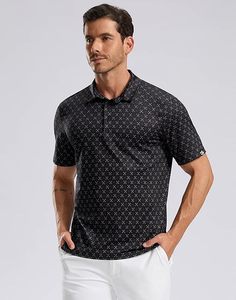 Camisa de golf negra para hombre, Polo de manga corta con ajuste seco, estampado que absorbe la humedad, camisetas de golf con cuello para hombre, informal, ligero - Product Image 3