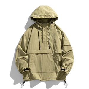 Chaqueta cortavientos deportiva Vintage con capucha de lona de algodón con logotipo de Color sólido personalizado para hombre, ajuste holgado para exteriores - Product Image 5