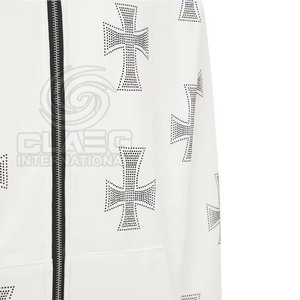 Rhinestone Embroidered Solid Zipper Hoodie Custom Logo High Quality 100% Cotton for Men - Product Image 4