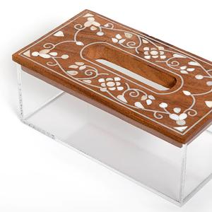 Boîte à mouchoirs en acrylique faite à la main, best-seller, avec couvercle en bois incrusté de nacre, style floral, taille/couleur personnalisable pour la maison et l'hôtel - Product Image 2