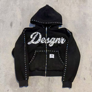 เสื้อฮู้ดดี้คุณภาพสูง OEM สำหรับทุกเพศ, ผู้ผลิตเสื้อฮู้ดดี้สตรีทแวร์ เสื้อฮู้ดดี้แบบมีซิป ตกแต่งด้วยคริสตัล น้ำหนัก 400 กรัม - Product Image 3