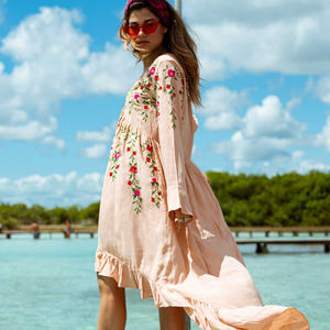 Robe brodée Sexy et décontractée pour femmes, Style bohème, robe de vacances, col rond, manches longues, été - Product Image 1