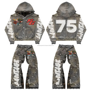 ชุดวอร์มแบบสเวตแพนท์ทรงขาบาน ลวดลายฟอกสี พร้อมเสื้อฮู้ดซิปประดับคริสตัล สำหรับผู้ชาย - Product Image 2