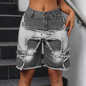 กางเกงขาสั้นผ้าโพลีเอสเตอร์สำหรับผู้หญิงกางเกงขาสั้นผ้ายีนส์แต่งชายเสื้อและโลโก้ด้านหน้าเป็นฝอยสำหรับ1.1ผ้ายีนส์น้ำตากางเกงยีนส์มีกระเป๋า - Product Image 1