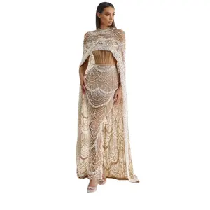 Sang Trọng Tuyệt Đẹp Ngọc Trai Nàng Tiên Cá Rượu Sâm Banh Buổi Tối Dresses Với Cape, Phụ Nữ Strapless Tầng Chiều Dài Trang Phục Chính Thức Wedding Party Prom Dress