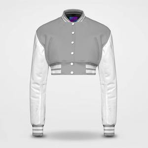 Por encargo al por mayor recortada chaqueta universitaria para las mujeres de cuero genuino y lana bordado estilo universitario abrigo corto - Product Image 5