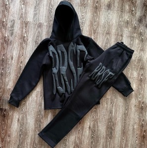 Manufacturer Custom Heavyweight Fleece <b>Cotton</b> Men <b>Raw</b> Hem Cut Edge Hoodie Jogger Sweatsuit Puff Print Tracksuit Set - Product Image 1