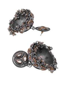 Pendientes Jhumka de Plata Oxidada Estilo Boho para Niñas, Pendientes Jhumka con Patrón Geométrico con Incrustaciones de Kundan Falak - Product Image 3