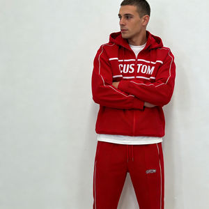 Sweat à capuche décontracté pour homme, tendance, rouge, avec imprimé lettres personnalisées, rayures blanches, coupe oversize, fermeture éclair, en mélange de coton, style streetwear quotidien - Product Image 2