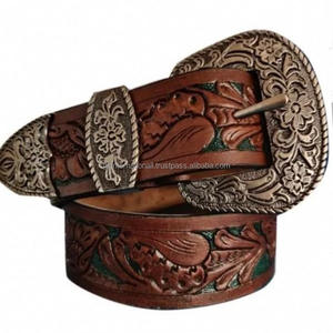 High Quality Western New Vintage Floral Brass Antique Engraved Buckle Genuine Cowhide Western <b>Leather</b> Hand Tooling <b>Belt</b> for <b>Men</b> - Product Image 1