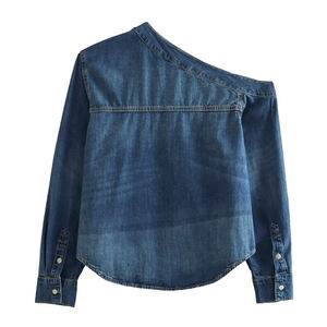 Veste en Denim Asymétrique à Epaule Simple pour Femme, Bouton Lavé Vintage, Poche Patch 100% Coton - Product Image 2