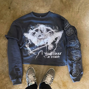 High Quality Full Sleeve Printed T-<b>shirt</b> Cotton Custom Screen Printing Rhinestone Distressed Double Layer T-<b>shirt</b> OEM Serviced - Product Image 1