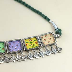 925 <b>Silver</b> <b>Chocker</b> with Hastakala Bagh Painting Gold Plated Link Chain Religious Style Diamond Pearl Encrusted for Parties - Product Image 3