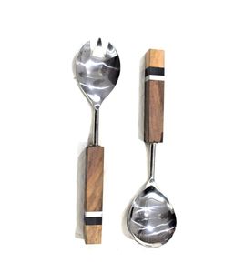 Juego de servidor de ensalada con mango de madera de calidad superior Juego de servicio de ensalada de alta calidad de acero inoxidable de metal Cuchara hecha a mano - Product Image 5