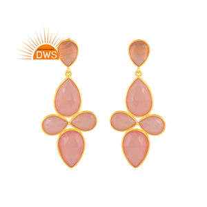 Última tendencia Plata esterlina 18K Chapado en oro Natural Rosa Calcedonia Piedra preciosa Cuelga Pendiente Demi Joyería fina Fabricante - Product Image 1