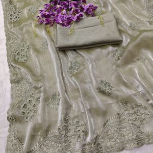 Sari en soie premium, doux, riche et brillant, avec broderie de designer, coupe C-Pallu, chemisier assorti, pour fêtes, été, traditionnel, séchage rapide, vente en gros - Product Image 4