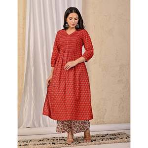 Ensemble Kurta et pantalon en coton imprimé rouge, style Salwar Kameez, broderie, tissu en filet, pour filles, tenue ethnique indienne pour les fêtes - Product Image 6
