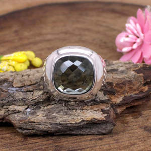 Bague en argent sterling 92,5 style hip-hop avec pierre précieuse quartz fumé, plaqué rhodium, motif géométrique carré, finition invisible - Product Image 4