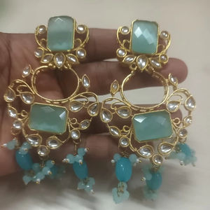 ต่างหูหินสีเขียวน้ำทะเลอันสวยงามออกแบบได้ตามต้องการสำหรับสาวๆเครื่องประดับทองเหลืองชุบทองสำหรับใส่ไปงานเลี้ยง - Product Image 1