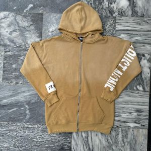 100% Cotton Acid Wash <b>Hoodie</b> with Embroidered Design <b>Zip</b>-up Sweatshirt with Distressed Hem Washed Khaki Style - Product Image 3