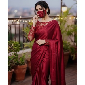 Premium Vintage Deep Red Silk <b>Saree</b> Intricate Lace Embroidery Floor-Length <b>Blouse</b> Matching Face Mask-Ready Wear Custom Colors - Product Image 1