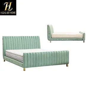 Factory Direct Sales High Quality Bedroom Furniture Italian Modern Light Luxury Upholstered Bed Light Blue Fabric Villa Bed