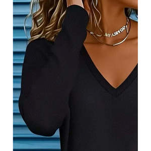 Blusa de viscosa de dos hilos con cuello en V y manga larga para mujer, 29975 - Negra - Product Image 3