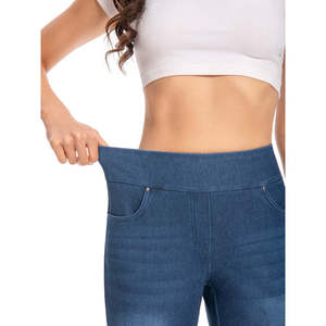 Pantalon Capri en jean extensible pour femme, coupe ajustée, avec poches à rivets, respirant, style crayon, taille simple avec logo tendance - Product Image 5
