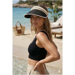 Chapeau de soleil en paille orné de perles noires, design en tricot fin, détail boucle, accessoire élégant HSR2088 - black2088 - Product Image 4