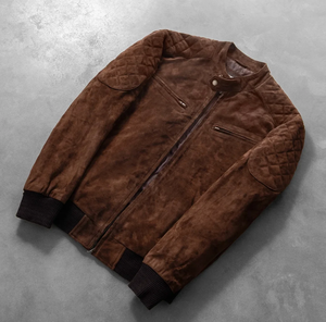 <b>Men's</b> <b>Brown</b> <b>Suede</b> Bomber <b>Jacket</b> Moto Style Turn-down Collar Quilted Shoulder Patch Design Regular Fit Autumn Wear - Product Image 3