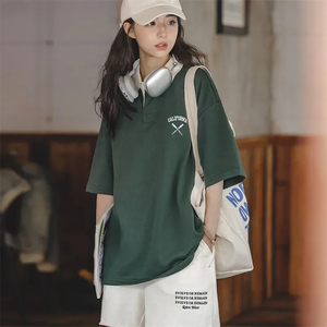 Maden Vintage revers collège à manches courtes polos pour femmes ample tricoté grande taille Golf Tee 2023 été décontracté coton T-shirt - Product Image 4