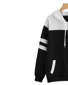 Sudadera con Capucha en Contraste Blanco y Negro con Mangas a Rayas, Bolsillo Tipo Canguro, Estilo Casual Urbano, Cómoda, Unisex - Product Image 2