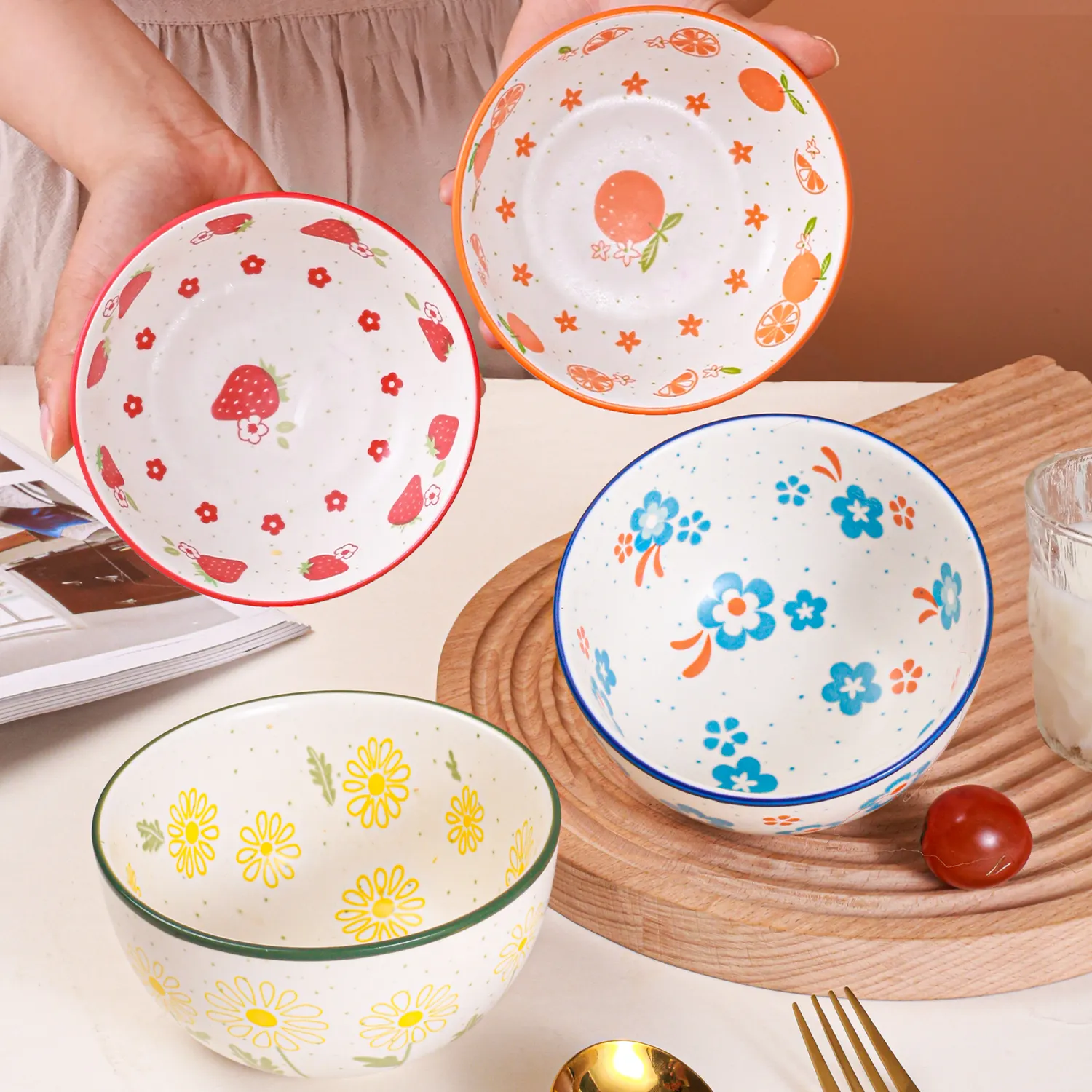 Japanese Style Ceramic Rice Bowls Porcelain Cereal Bowls, 4.5 Inch Salad Ice Cream Soup Fruits Bowls, House-warming Gift