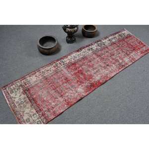 Vintage Turkish Rug 2.1 X 7.2ft <b>Red</b> Beige Wool Large Area Patchwork Design for Hallway Bedroom Rectangle <b>Latex</b> Bedside Room - Product Image 2