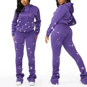 Vente chaude bouffée impression pantalons de survêtement évasé stracked élégant survêtement pour les femmes USA taille pull fermeture éclair complète survêtement à capuche - Product Image 1