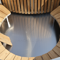 Spa de bien-être extérieur toutes saisons, bain à remous chauffé au bois, bois carbonisé, hiver, jardin nordique, design classique