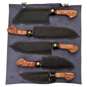 Juego de cuchillos de cocina de acero de Damasco hechos a mano, 5 piezas con mango de madera y Funda de cuero puro - Product Image 4