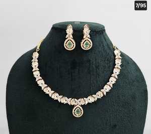 Beautiful Stunning Cubic Zircon Crystal Leaf Shape Kundan Studded Dangle Gold Plated Wedding <b>Jewellery</b> With Earrings For Women - Product Image 3