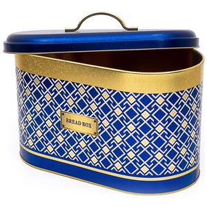 Kontensan EF00293 178x338x200mm Contenant de stockage alimentaire Motif sans couture Lignes géométriques Fond bleu Boîte à pain en métal - Product Image 1