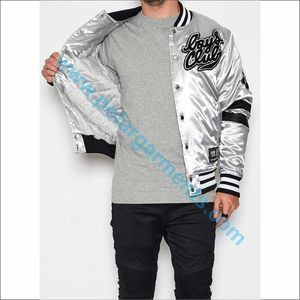 แจ็กเก็ตผ้าซาตินสำหรับผู้ชายงานตามสั่งเสื้อแจ็กเก็ตเบสบอลบอมเบอร์เลตเทอร์แมนดีไซน์สตรีทปักลาย - Product Image 6