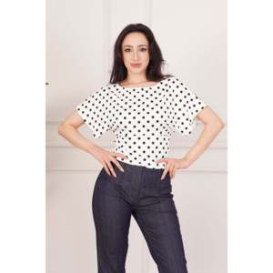 Blusa Elegante de Manga Corta con Cuello de Lazo y Estampado de Puntos Blancos para Mujer, Marca LUSTRIN, con Tela Fluida de Poliéster y Elastano para Oficina - Product Image 1