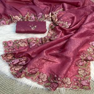 Sari VASTRA COTTAGE Gold Crush con bordado de hilo y blusa a juego, sari de diseñador para fiestas - Product Image 5