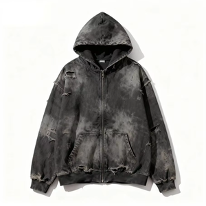 เสื้อฮู้ดดี้ยูนิเซ็กซ์ สไตล์วินเทจ ล้างสีแบบแอซิดวอช ทรงโอเวอร์ไซส์ ทรงบ็อกซี่ ซิปหน้า ประดับคริสตัล - Product Image 6