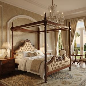 Cama con Dosel Tapizada en Cuero Genuino y Madera de Caoba Maciza de Lujo, Diseño Clásico Hecho a Mano, para Hotel, Villa o Dormitorio Residencial - Product Image 1